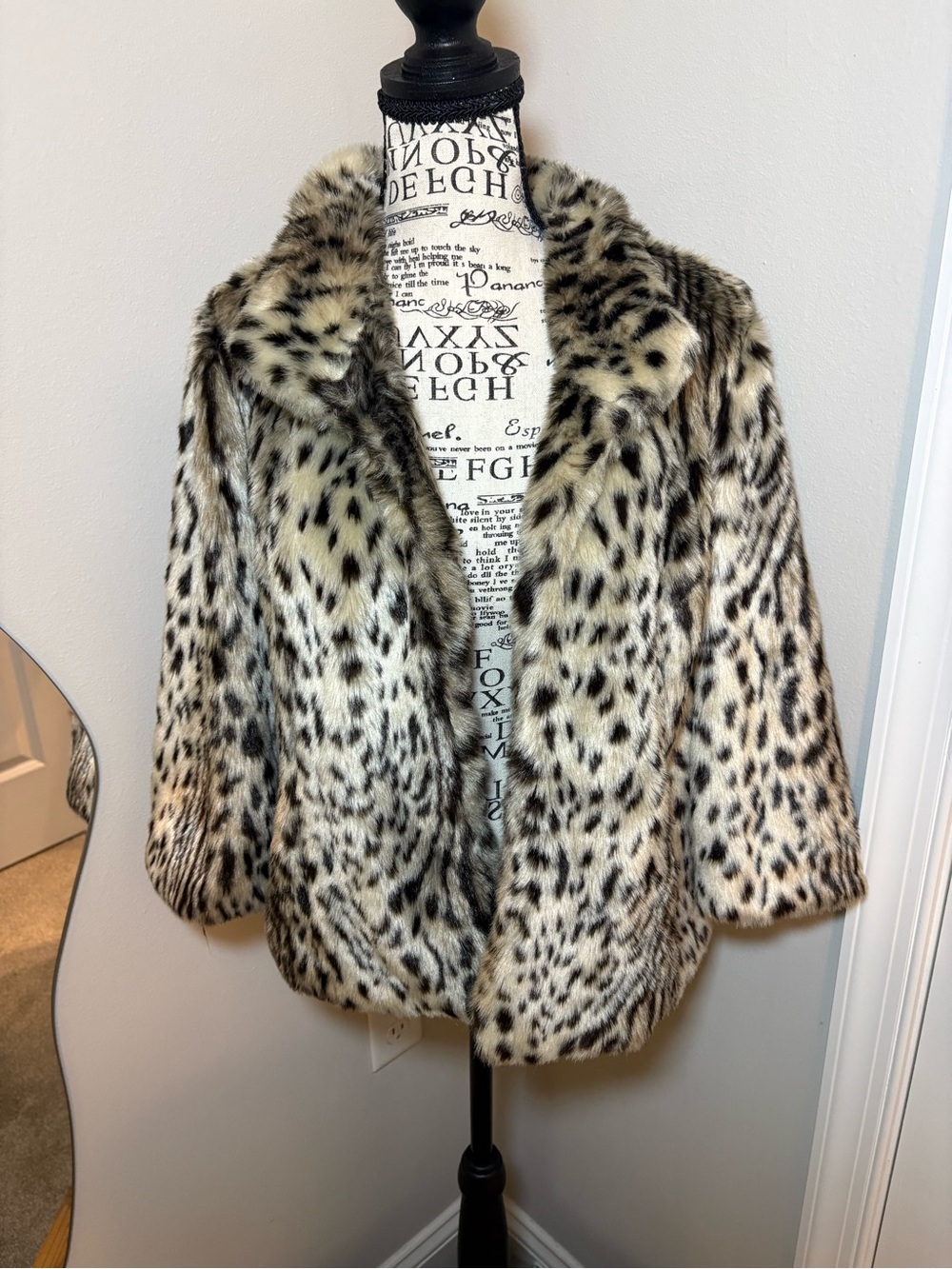 Vintage Chico's Leopard Print Faux Fur Pea Coat in Cream and Black
